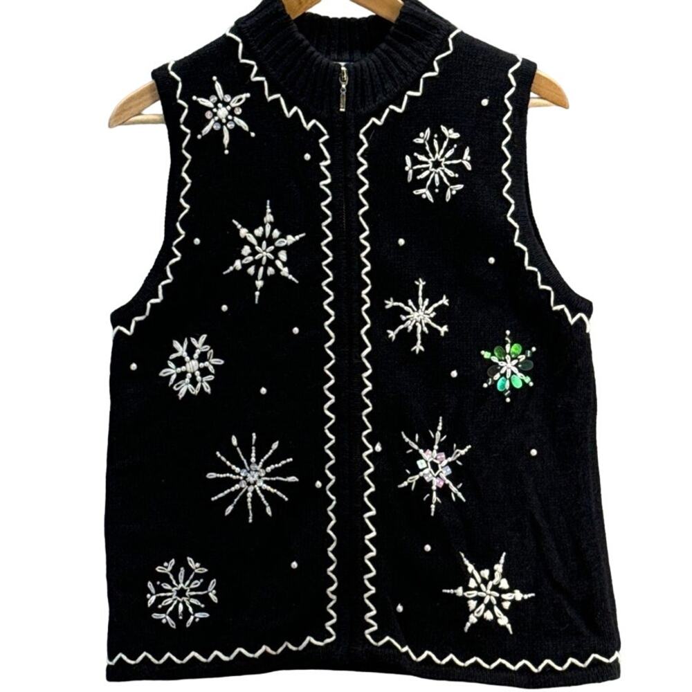 Mercer Street Studio Vintage Black White Beaded Snowflake Zip Up Sweater Vest S